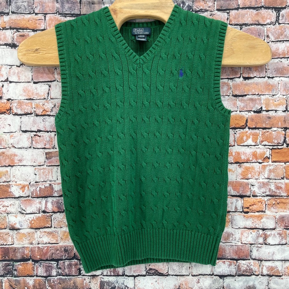 Polo Ralph Lauren Boys L 14-16 Green Cable Knit Cotton V-Neck Sweater Vest